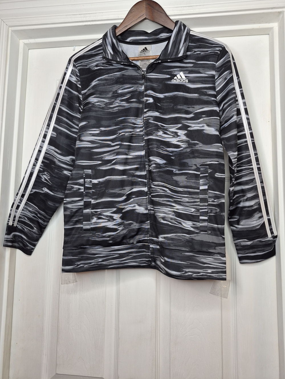 adidas Black & White Marbled Stripe Track Jacket Boys Size Large 14/16